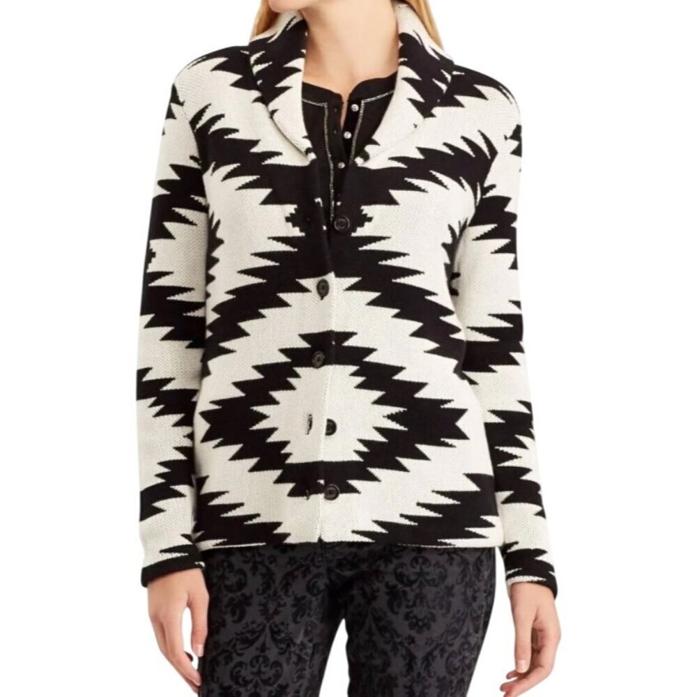 Chaps western tribal Knit Shawl Collar Cardigan Sweater M neutral print